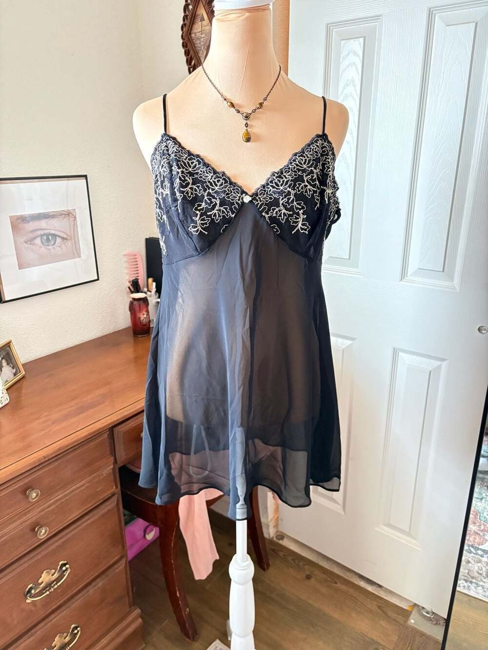Vintage 80s California Dynasty Babydoll Nightgown Size Large Black Sheer Embroid